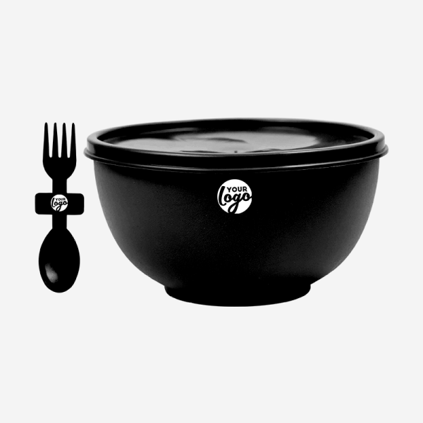 MISO PLASTIC BOWL WITH LID & FORKSPOON IN BLACK
