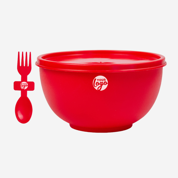MISO PLASTIC BOWL WITH LID & FORKSPOON IN RED