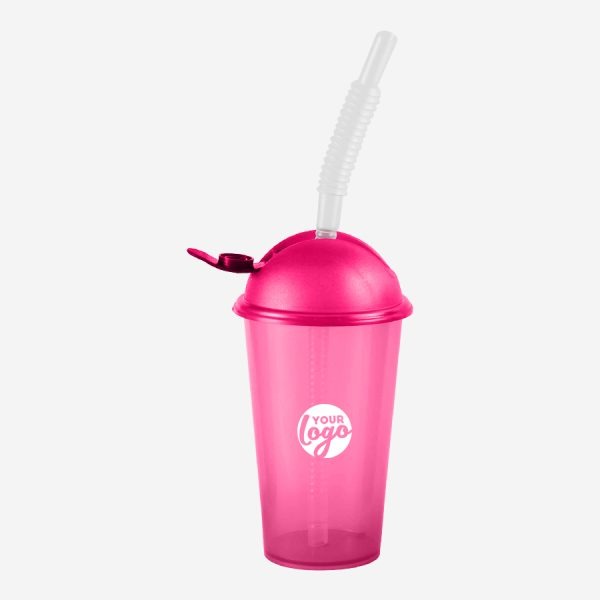 Kiddies Drinking Cup with Cap & Straw - Clear 19 REF 750PSA TUMBLER WITH DOMED FLIP CAP STRAW 250ML MAGENTA