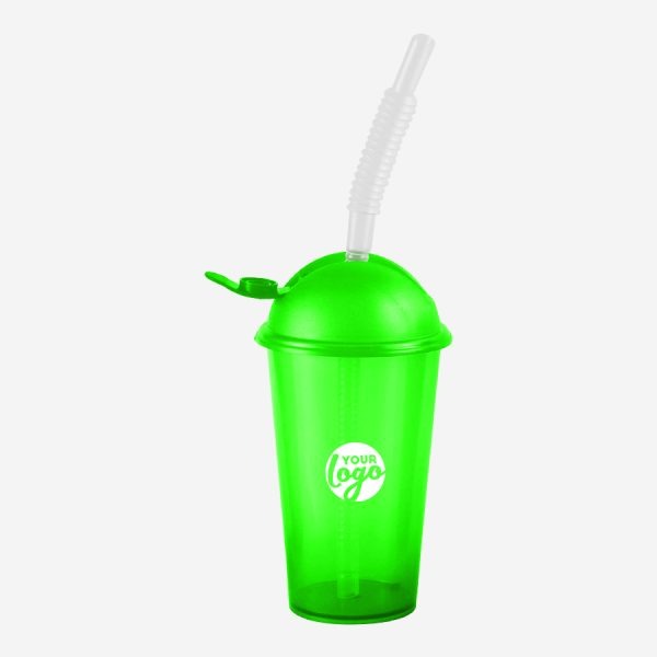 Kiddies Drinking Cup with Cap & Straw - Clear 18 REF 750PSA TUMBLER WITH DOMED FLIP CAP STRAW 250ML NEON GREEN