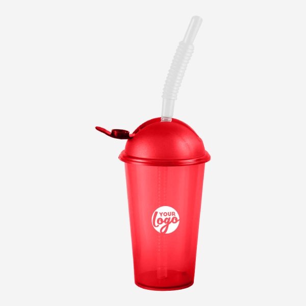 Kiddies Drinking Cup with Cap & Straw - Clear 16 REF 750PSA TUMBLER WITH DOMED FLIP CAP STRAW 250ML RED