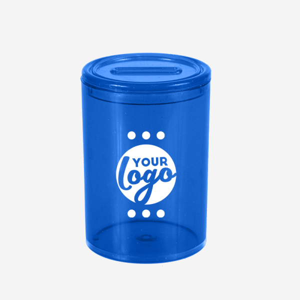 LM WEB PRODUCT REF 727PS ROUND MONEY BOX PAD PRINT CLEAR LUMO BLUE