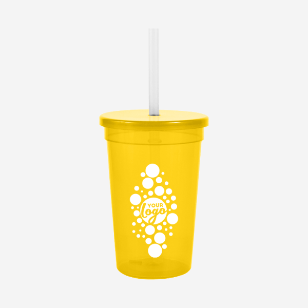 REF 1408 PARTY TUMBLER 500ML CLEAR SILKCREEN W STRAW AND CAP YELLOW