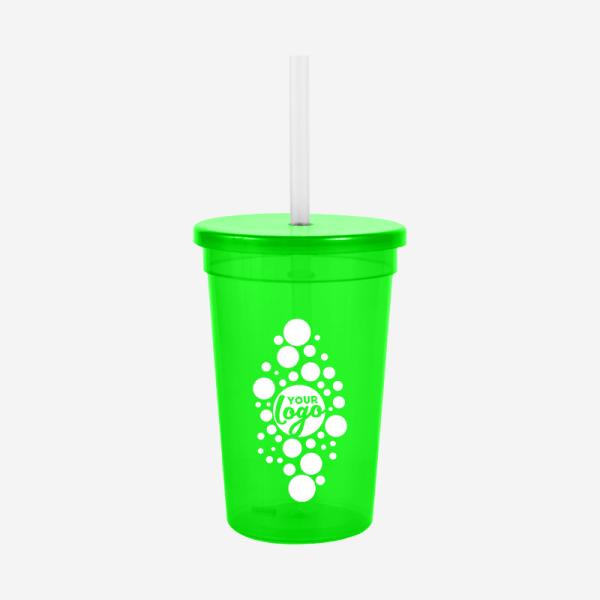REF 1408 PARTY TUMBLER 500ML CLEAR SILKSCREEN W STRAW AND CAP LIME NEON GREEN