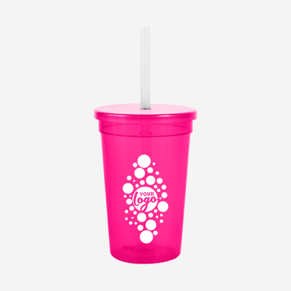 REF 1408 PARTY TUMBLER 500ML CLEAR SILKSCREEN W STRAW AND CAP MAGENTA