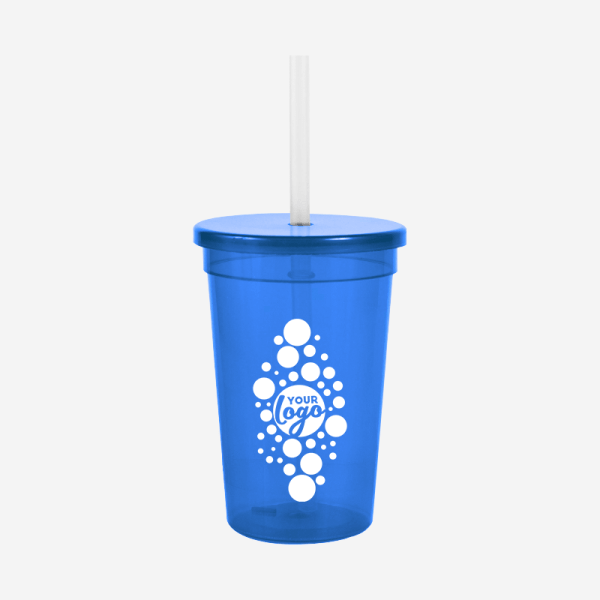 REF 1408 PARTY TUMBLER 500ML CLEAR SILKSCREEN W STRAW AND CAP ROYAL BLUE
