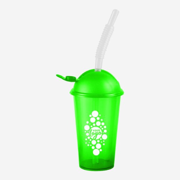 Kiddies Drinking Cup with Cap & Straw - Clear 11 REF 750PSA TUMBLER WITH DOMED SILKSCREEN FLIP CAP STRAW 250ML LIME NEON GREEN