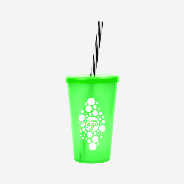 REF 1613 TUCAN TUMBLER W CANDY STRAW 250ML SILKSCREEN CLEAR LIME NEON GREEN