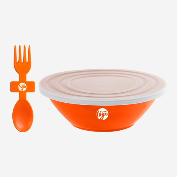 Ref. 1057 Deluxe Bowl with Slip Lid Fork Spoon Orange