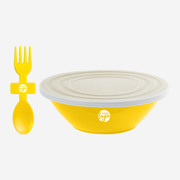 Ref. 1057 Deluxe Bowl with Slip Lid Fork Spoon Yellow