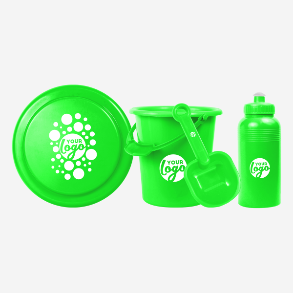 REF 1041 BEACH SET MEDIUM FRISBEE BUCKET SPADE 500ML BOTTLE LIME NEON GREEN 1