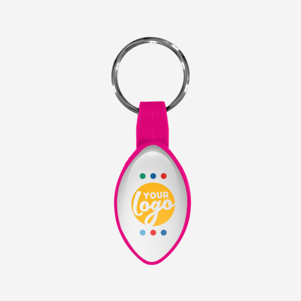 BO13 Oval Shape / Rugby Ball Bottle Opener Keyring 6 REF BO13 BOTTLE OPENER OVAL RUGBY BALL SHAPE DOMED STICKER MAGENTA