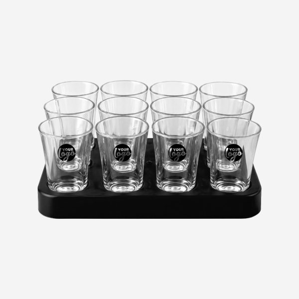 REF 461 SQAURE SHOT GLASS TRAY WITH 12 X50ML SHOT GLASSES BLACK PAD