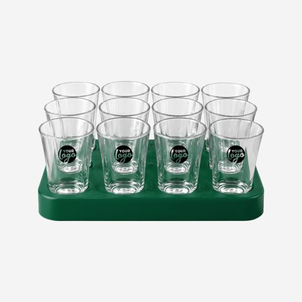 REF 461 SQAURE SHOT GLASS TRAY WITH 12 X50ML SHOT GLASSES BOTTLE GREEN PAD