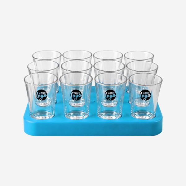 REF 461 SQAURE SHOT GLASS TRAY WITH 12 X50ML SHOT GLASSES CYAN PAD