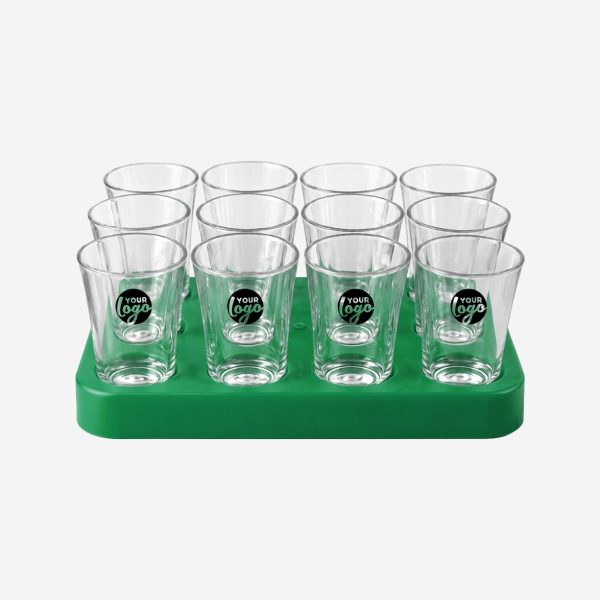 REF 461 SQAURE SHOT GLASS TRAY WITH 12 X50ML SHOT GLASSES EMERALD GREEN PAD