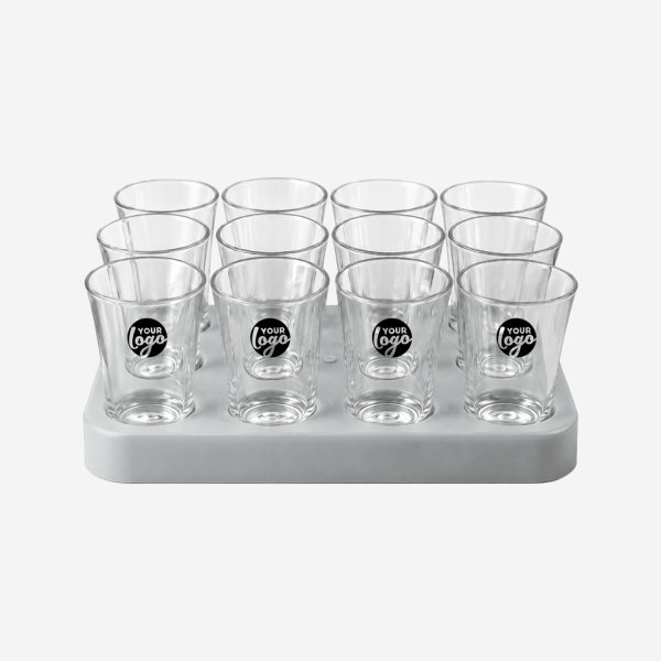 REF 461 SQAURE SHOT GLASS TRAY WITH 12 X50ML SHOT GLASSES GREY PAD