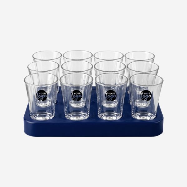 REF 461 SQAURE SHOT GLASS TRAY WITH 12 X50ML SHOT GLASSES NAVY BLUE PAD