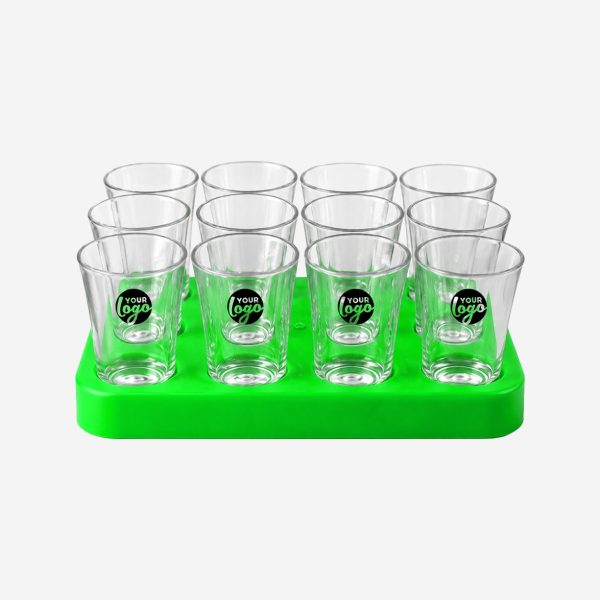 REF 461 SQAURE SHOT GLASS TRAY WITH 12 X50ML SHOT GLASSES NEON GREEN PAD