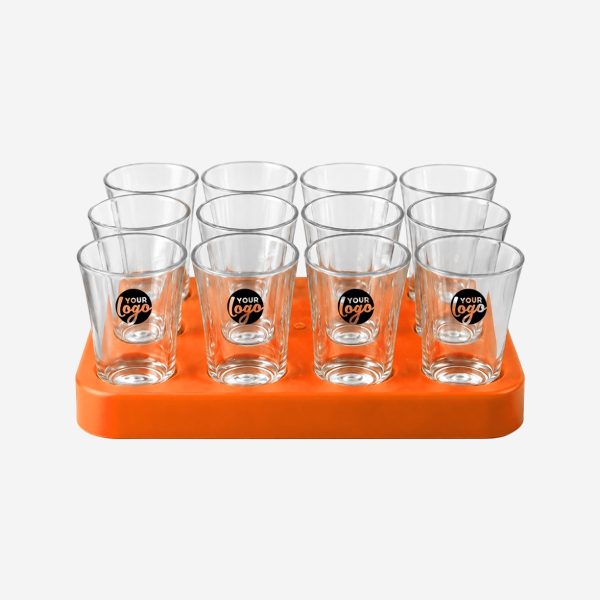 REF 461 SQAURE SHOT GLASS TRAY WITH 12 X50ML SHOT GLASSES ORANGE PAD
