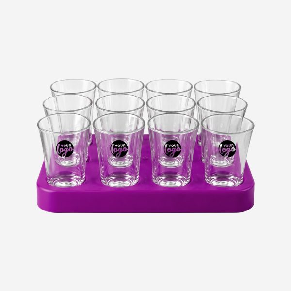 REF 461 SQAURE SHOT GLASS TRAY WITH 12 X50ML SHOT GLASSES PURPLE PAD