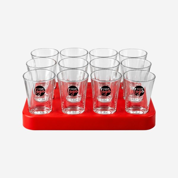 REF 461 SQAURE SHOT GLASS TRAY WITH 12 X50ML SHOT GLASSES RED PAD