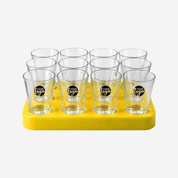 REF 461 SQAURE SHOT GLASS TRAY WITH 12 X50ML SHOT GLASSES YELLOW PAD